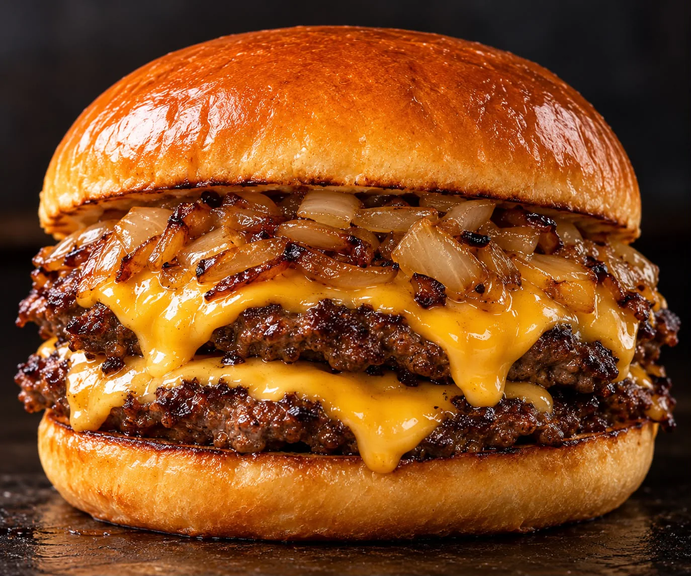 The Classic Smash — two smashed patties with melted American cheese and caramelized onions on a toasted bun
